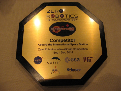 Die erkämpfte ZeroRobotics-Plakette